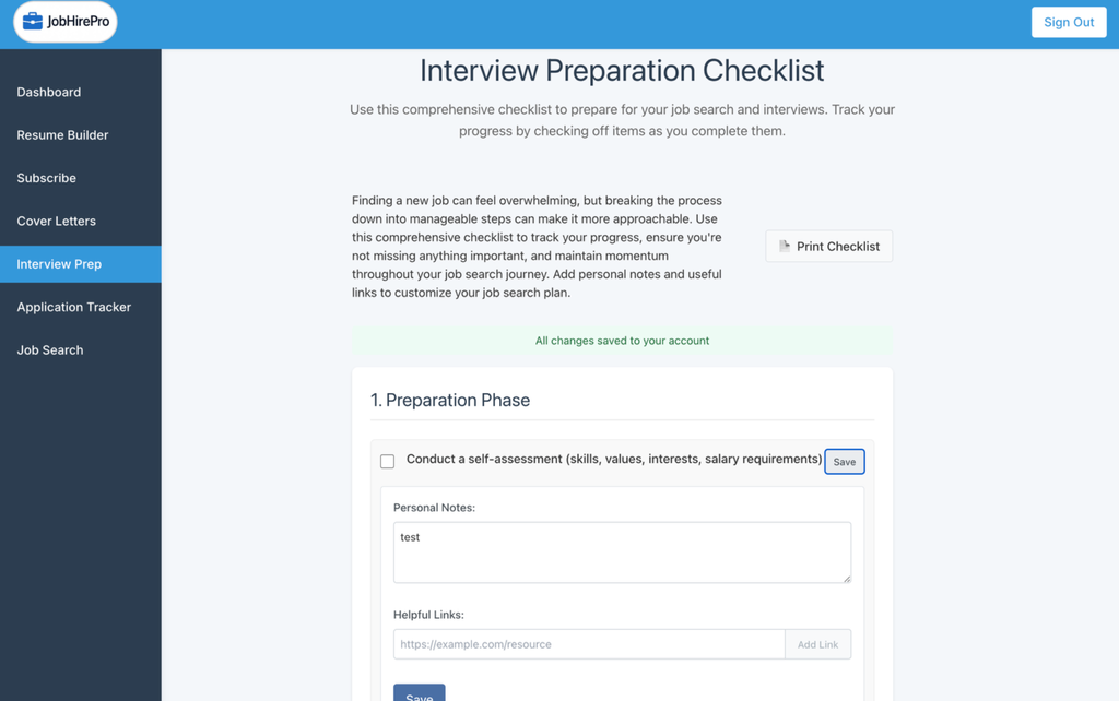 Job Preparation checklist